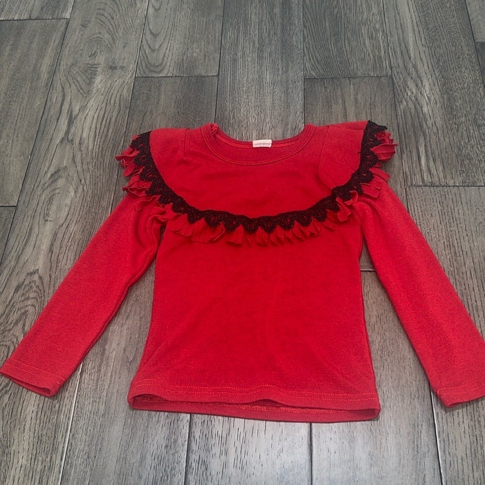 Girls long sleeve fringed overlay with scalloped lace dress shirt